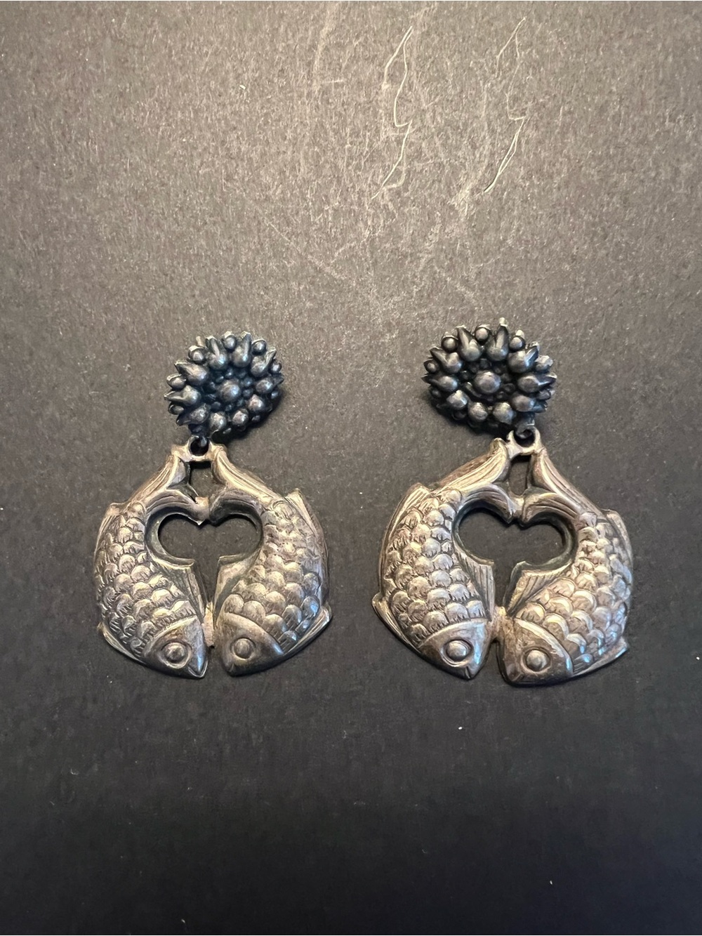 Fish Heart Drop Earrings - Silver color